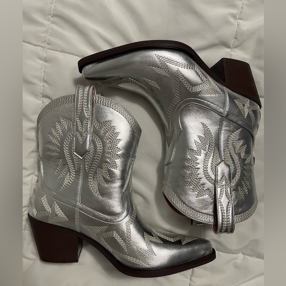 Metallic Silver Embroidered Ankle Booties